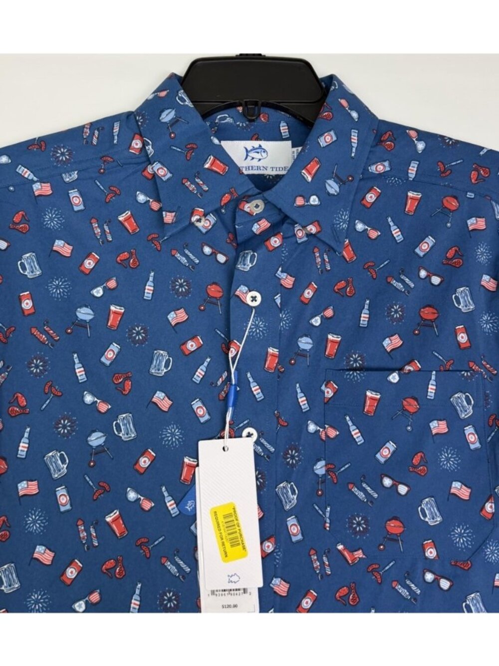 Southern Tide Men's Medium Button Up Short Sleeve BBQ Print Sport Shirt Blue NEW